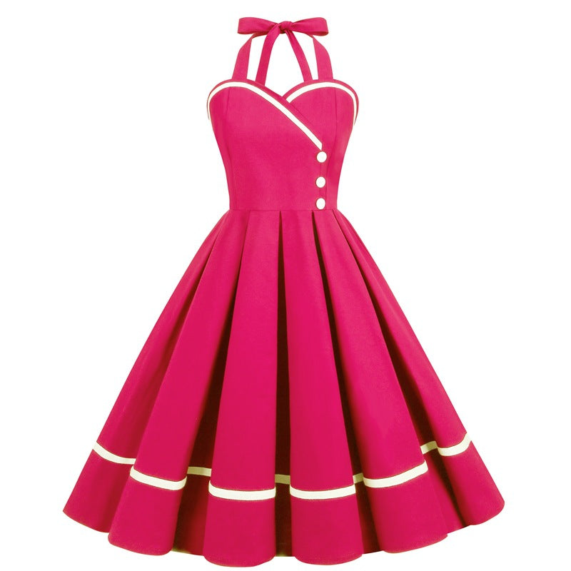Vintage Sleeveless Halter Dresses-Dresses-Rose Red-S-Free Shipping at meselling99