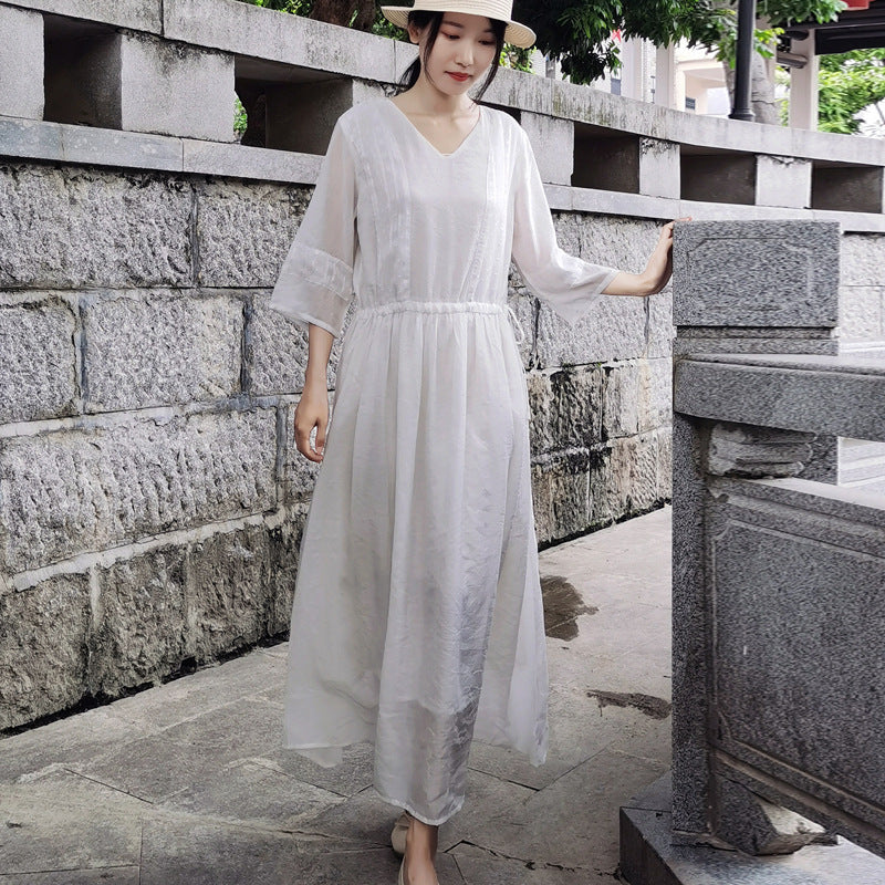 Ethnic Women Summer Linen Dresses-Dresses-White-L-Free Shipping at meselling99