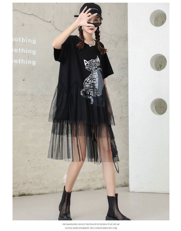 Cat Designed Tulle Loose Summer Black Midi Dresses-Dresses-Black-One Size-Free Shipping at meselling99