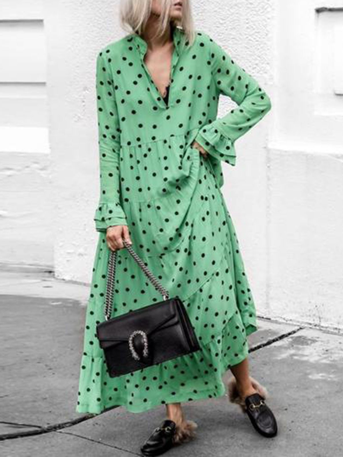Women Geen Dot Print Long Maxi Dresses-Maxi Dreses-Green-S-Free Shipping at meselling99