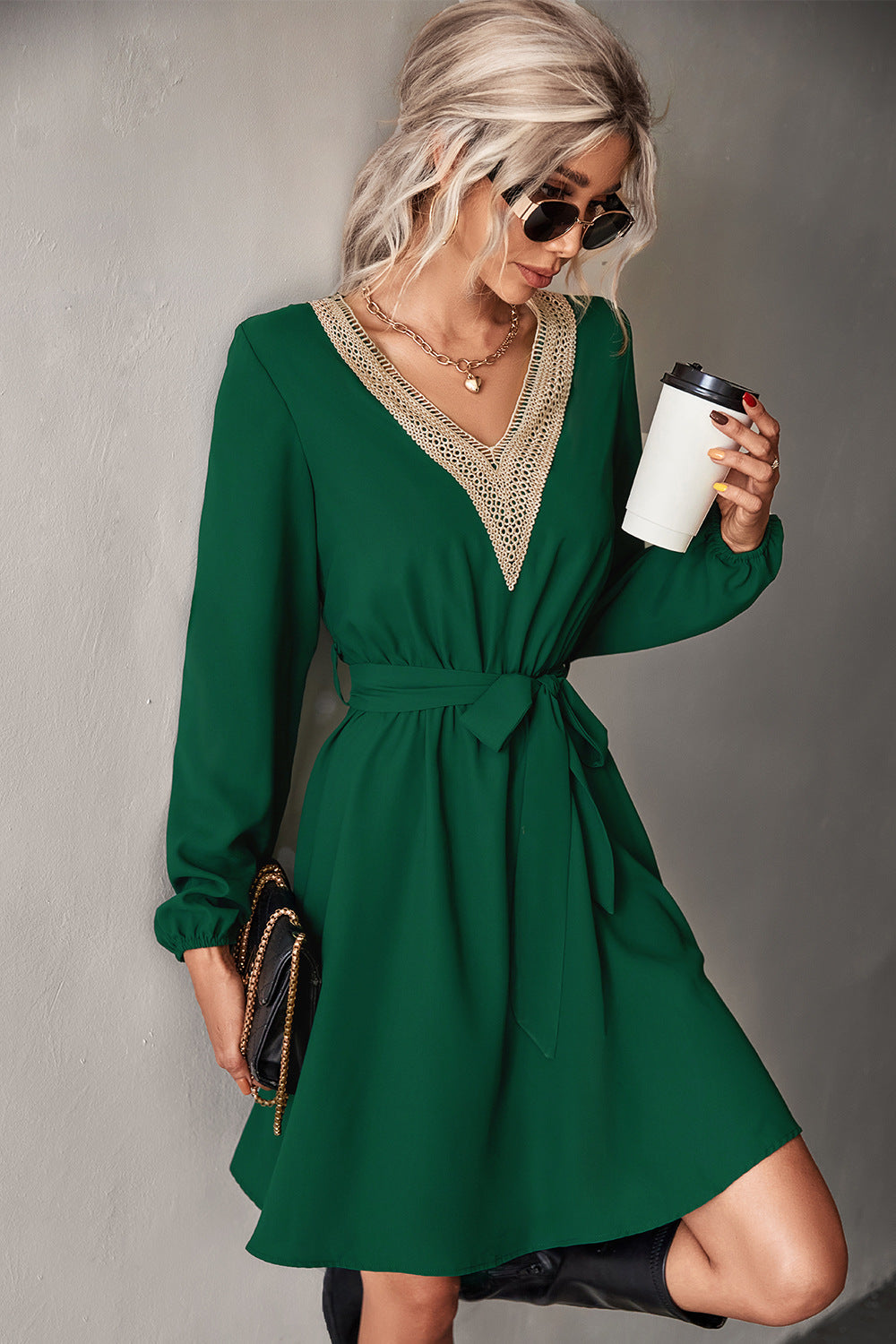 Fashion V Neck Long Sleeves Mini Dresses-Dresses-Green-S-Free Shipping at meselling99