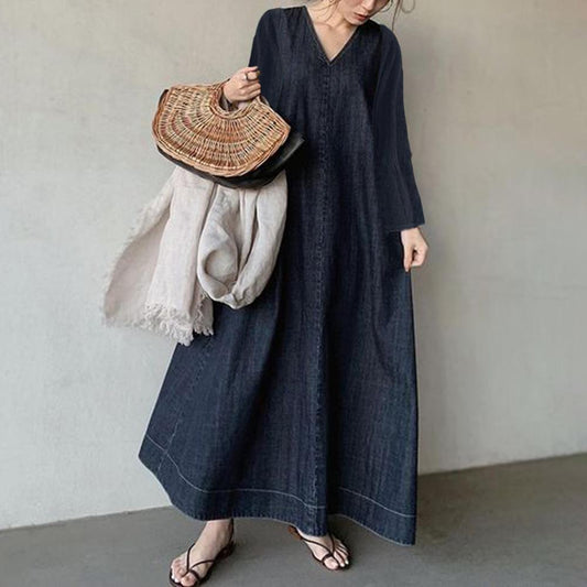 Autumn Long Sleeves V Neck Women Dresses-Dresses-Dark Blue-Length-120cm-Free Shipping at meselling99