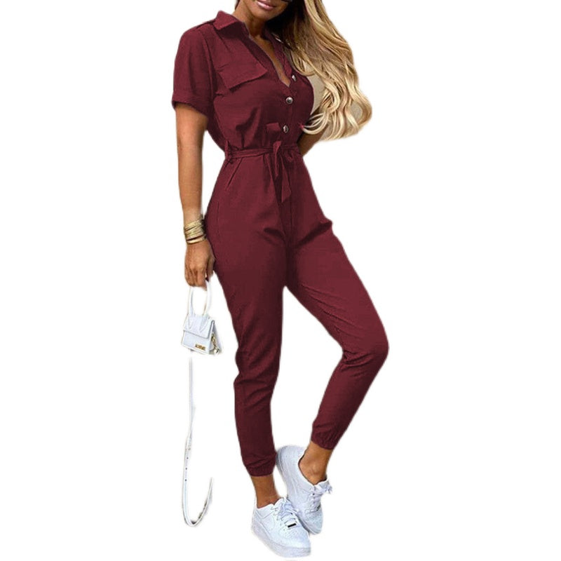 Summer Turnover Collar Leisure Jumpsuits-Wine Red-S-Free Shipping at meselling99