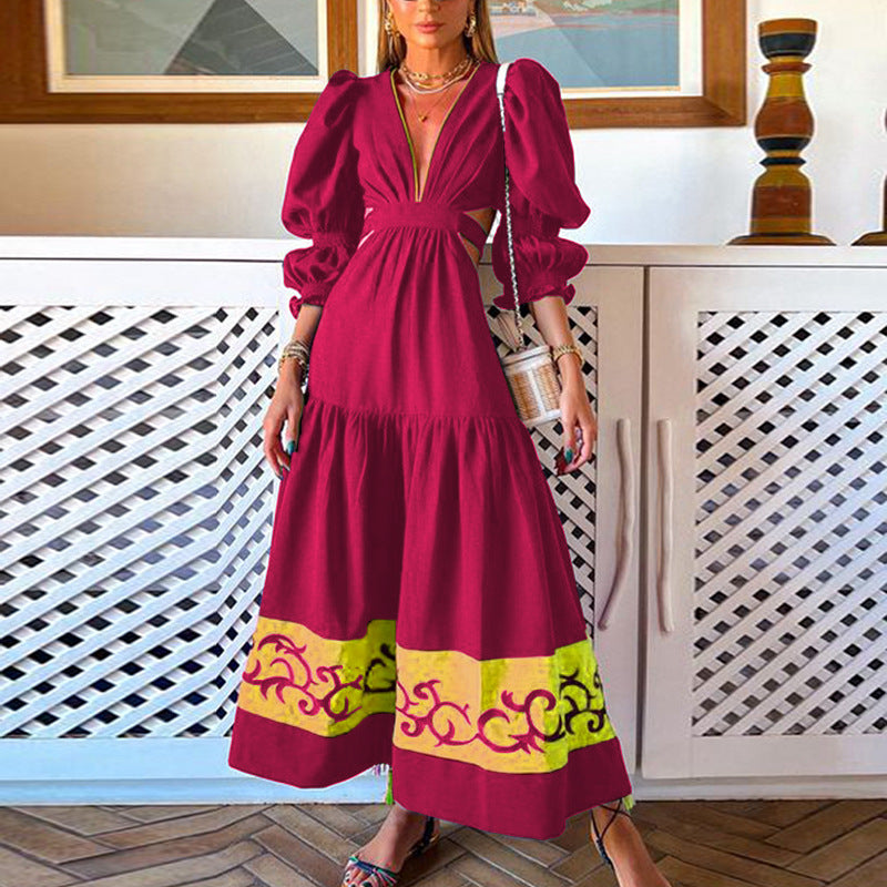 Fashion V Neck Long Sleeves Fall Dresses-Dresses-Wine Red-S-Free Shipping at meselling99
