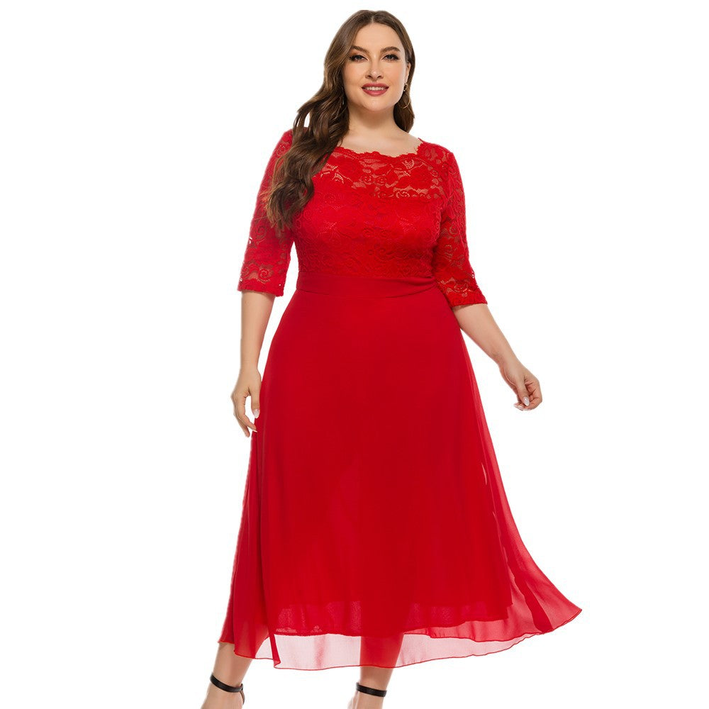 Red 3/4 Length Sleeves Lace Red Plus Size Dresses-Plus Size Dresses-Free Shipping at meselling99