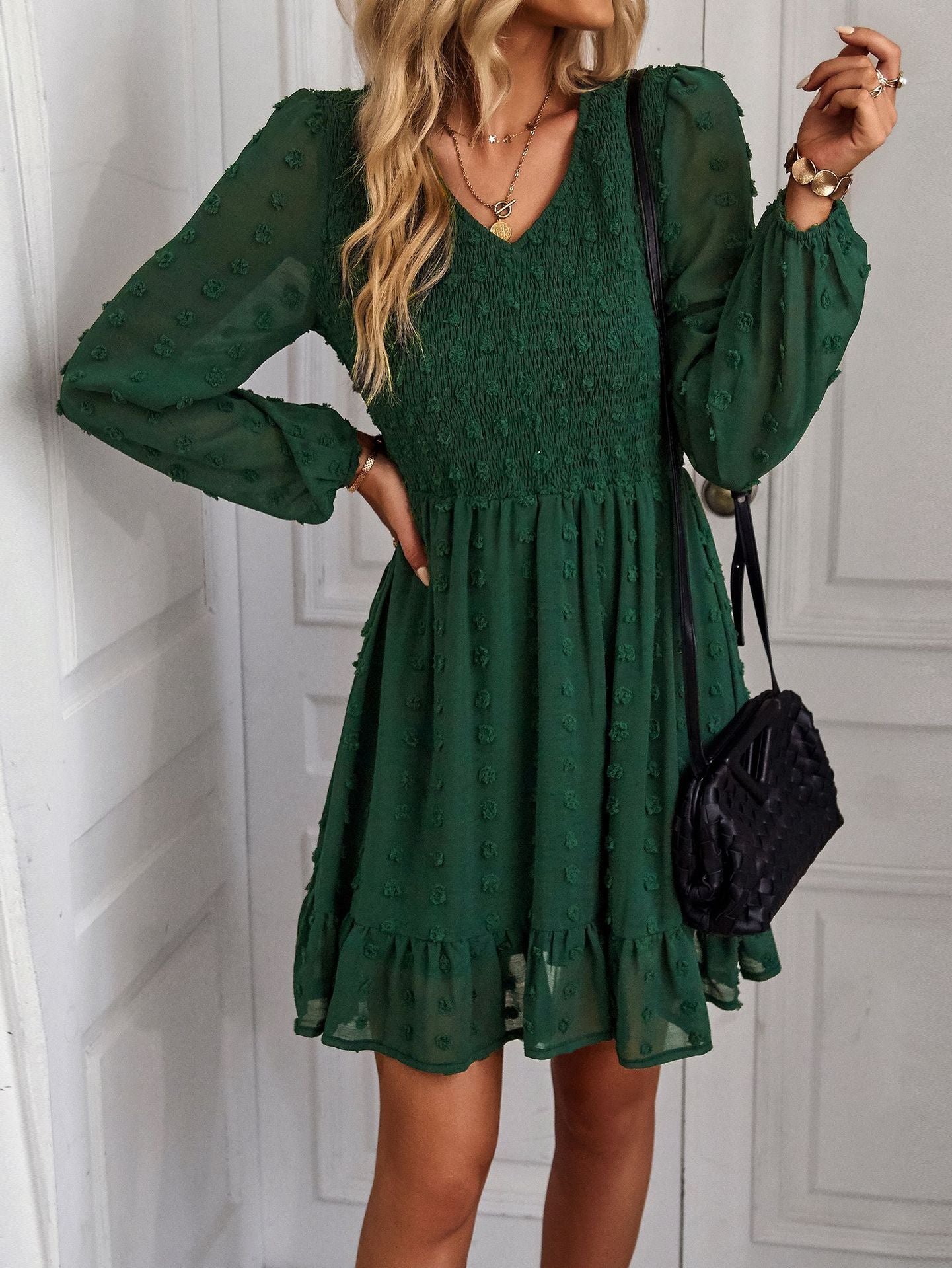 Casual Long Sleeves Short Daily Dresses-Dresses-Green-S-Free Shipping at meselling99