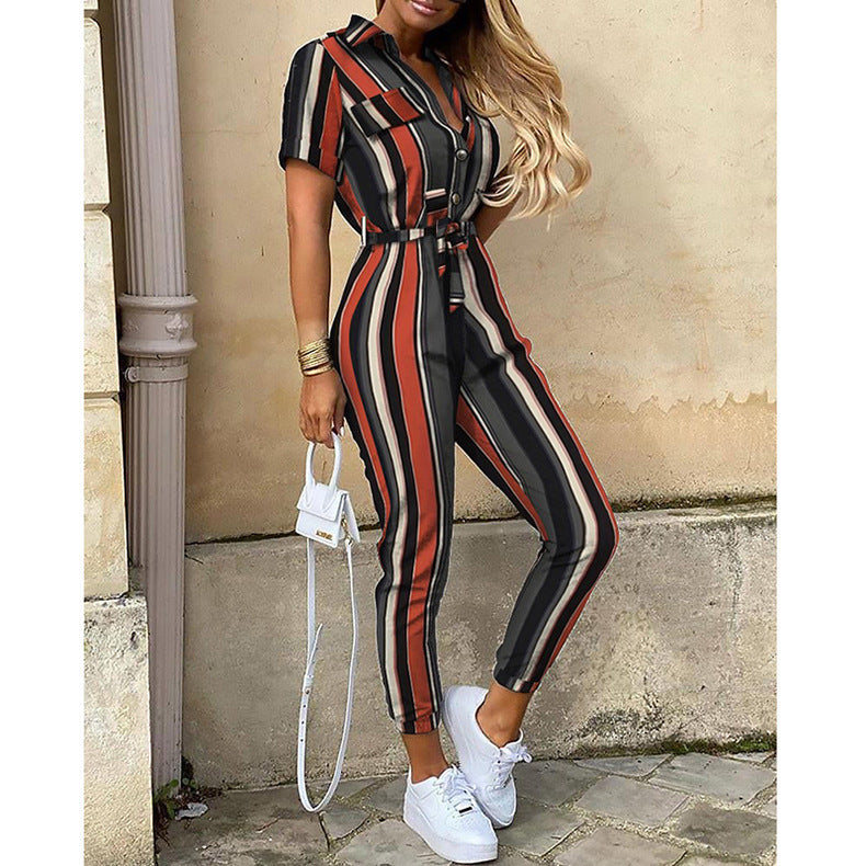 Summer Turnover Collar Leisure Jumpsuits-Striped-S-Free Shipping at meselling99