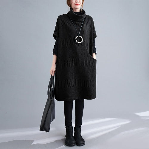 Elegant Turtleneck Plus Sizes Loose Dresses-Dresses-Black-L-Free Shipping at meselling99
