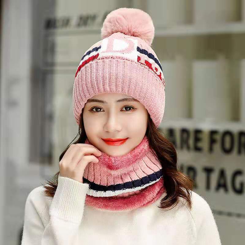 Women Fleeced Lined Knitted Warm Hats+Scarfs-Hats-Pink-56-60cm-Free Shipping at meselling99
