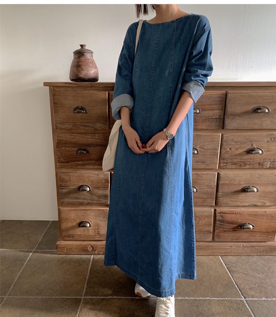 Casual Simple Design Denim Long Cozy Dresses-Dresses-Blue-S-Free Shipping at meselling99