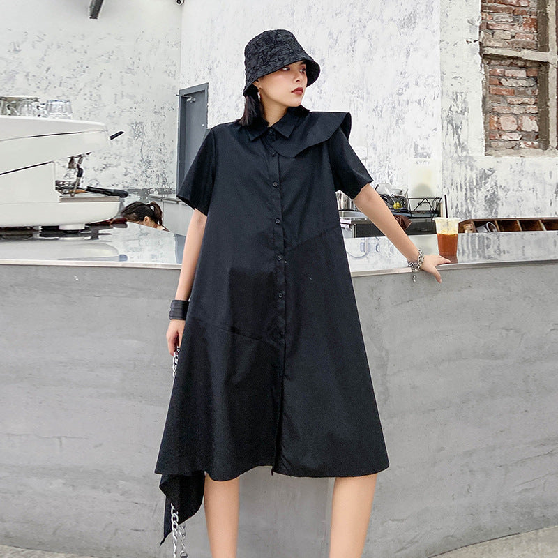 Vintage Summer Irregular Black Shirts Dresses-Dresses-Free Shipping at meselling99