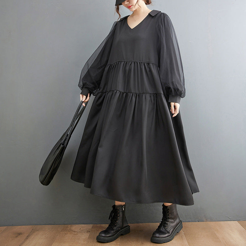Plus Sizes Tulle Long Sleeves Black Fall Dresses-Dresses-Black-L-Free Shipping at meselling99