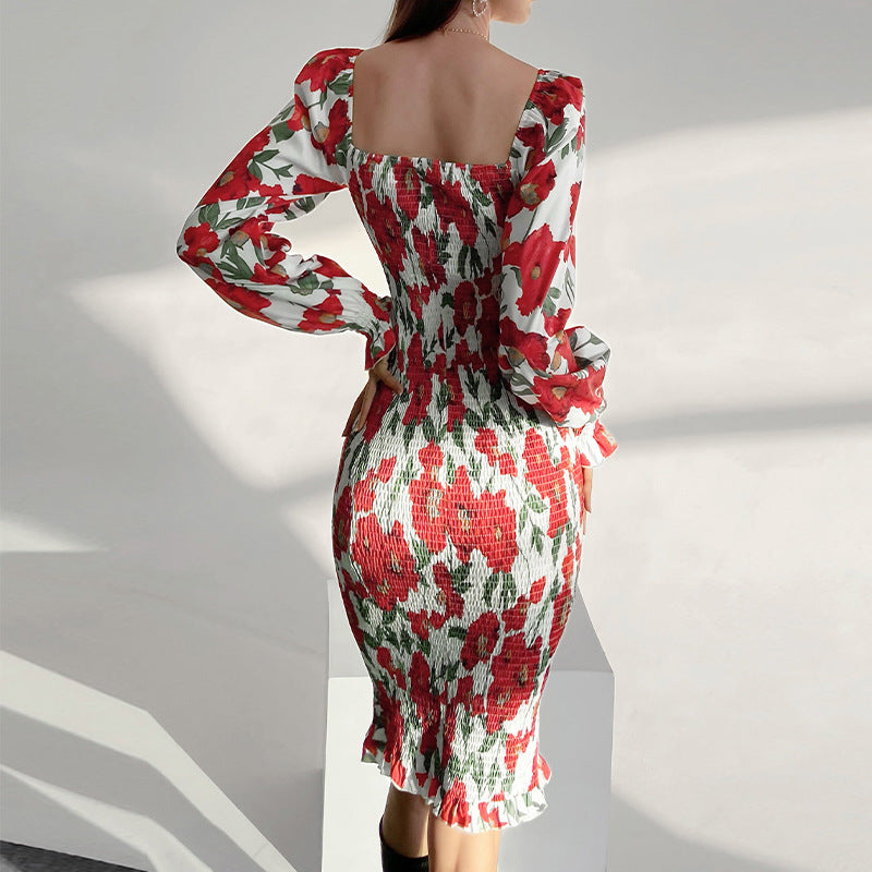 Sexy Red Flowers Long Sleeves Dresses--Free Shipping at meselling99