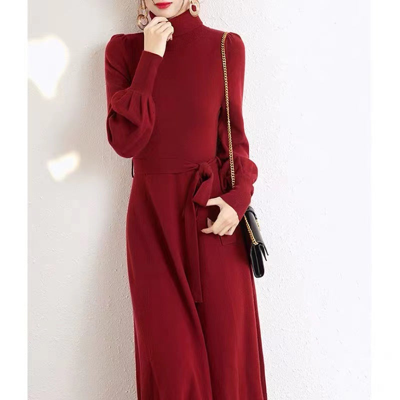 Elegant Turtleneck Woolen Fall Knitting Dresses-Dresses-Red-One Size-Free Shipping at meselling99