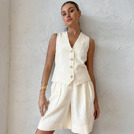 Ivory Cotton Linen Sleeveless Vest and Shorts Suits-Suits-Free Shipping at meselling99