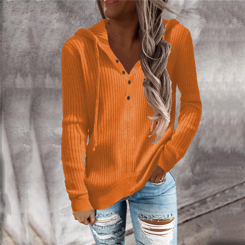 Women Casual Knitted V Neck Hoodies Sweaters-Shirts & Tops-Orange-S-Free Shipping at meselling99