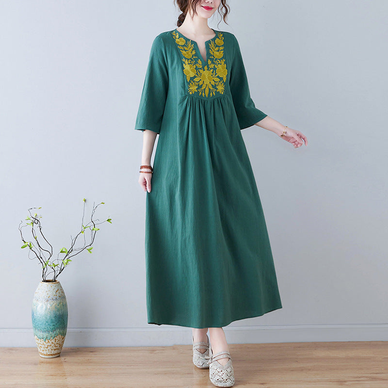 Bohemian Linen Summer Long Dresses-Dresses-Green-M-Free Shipping at meselling99