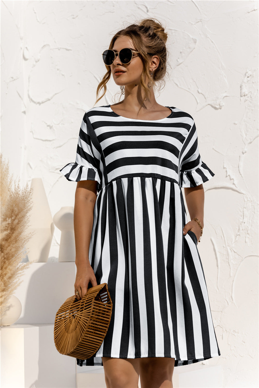 Casual Striped Short Sleeves Summer Daily Dresses-Dresses-Black-S-Free Shipping at meselling99