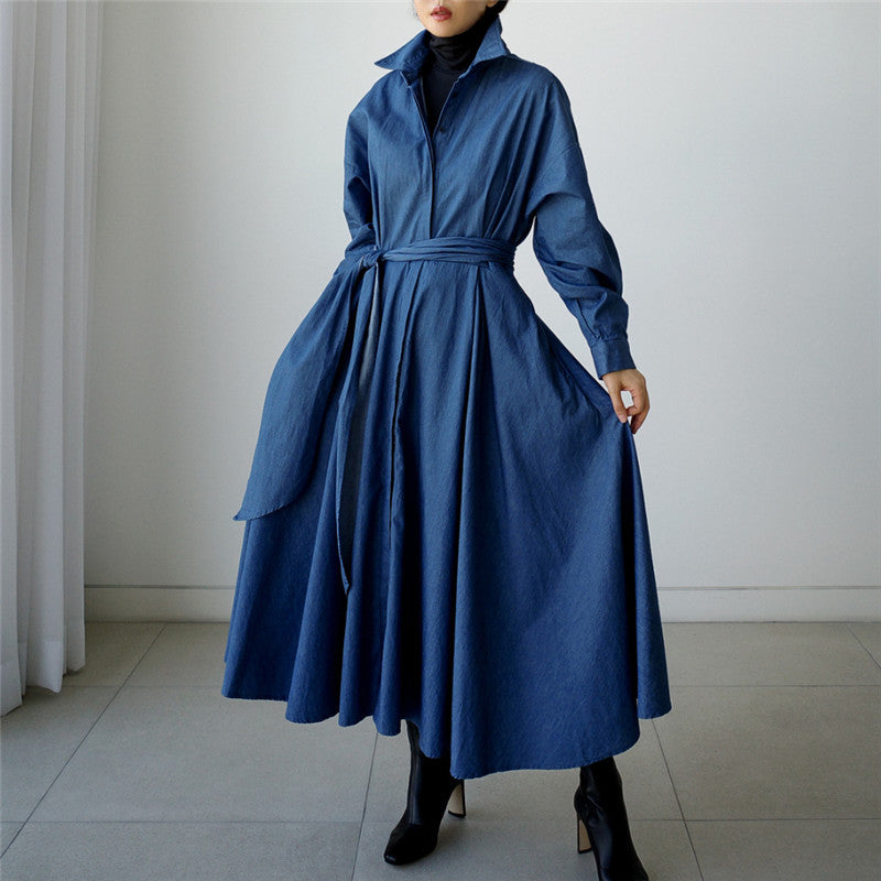 Blue Long Sleeve Loose Denim Shirts Maxi Dresses-Cozy dresses-Blue-S-Free Shipping at meselling99