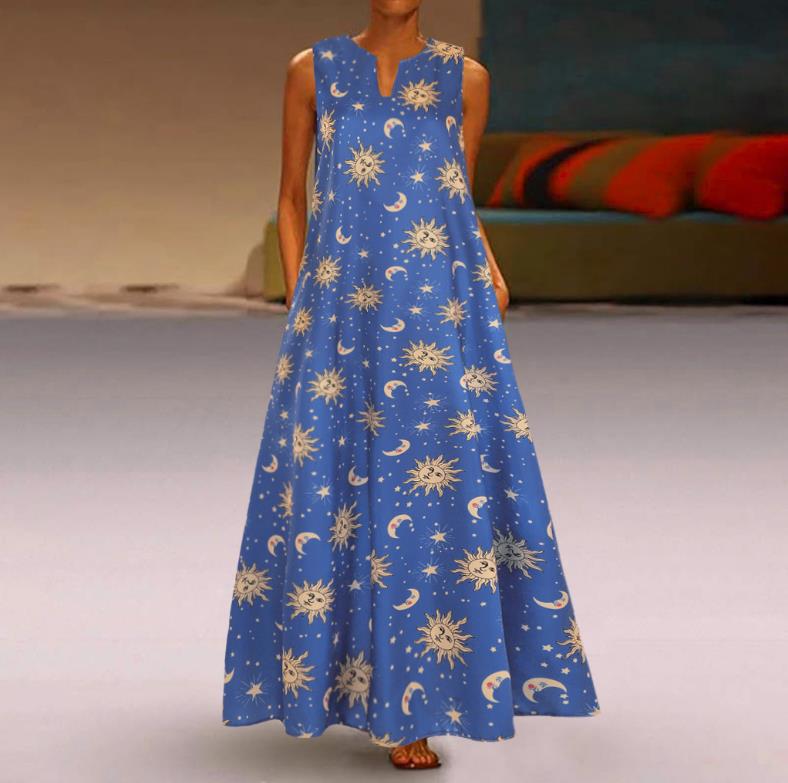 Plus Size Floral Print Pocket Long Dresses-Maxi Dresses-Blue-S-Free Shipping at meselling99