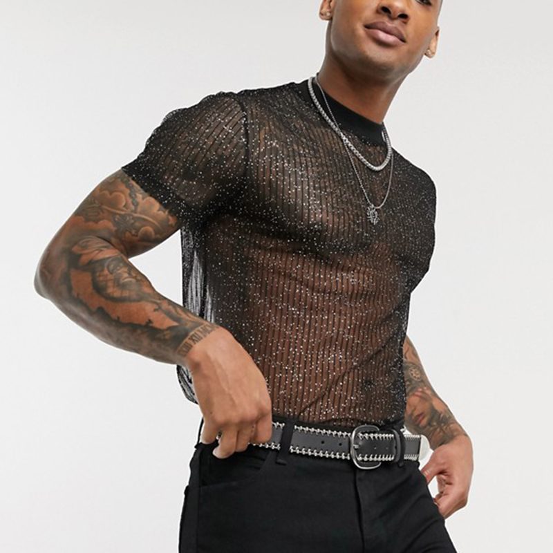 Sexy See Through Tulle Men's Night Party Shirts-Shirts & Tops-Black-S-Free Shipping at meselling99