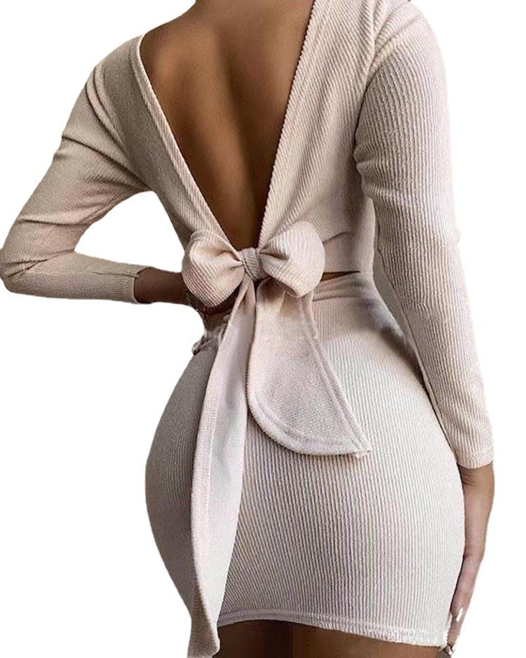 Sexy Bow Backless Knitted Mini Dresses-Dresses-Off the White-S-Free Shipping at meselling99