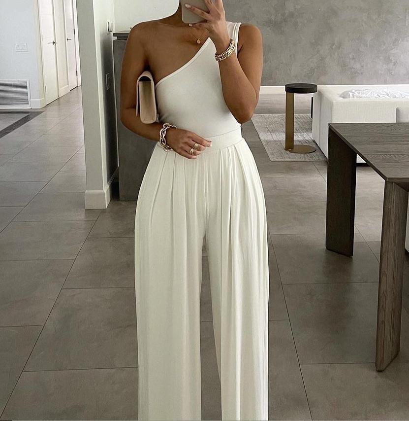 Hot Selling Simple One Shoulder Cozy Jumpsuits-White-S-Free Shipping at meselling99