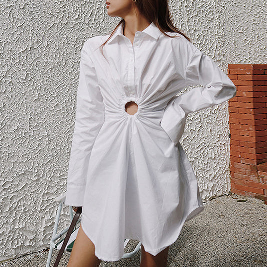 Designed Slim Waist Summer Mini Shirt Dresses-Mini Dresses-White-S-Free Shipping at meselling99