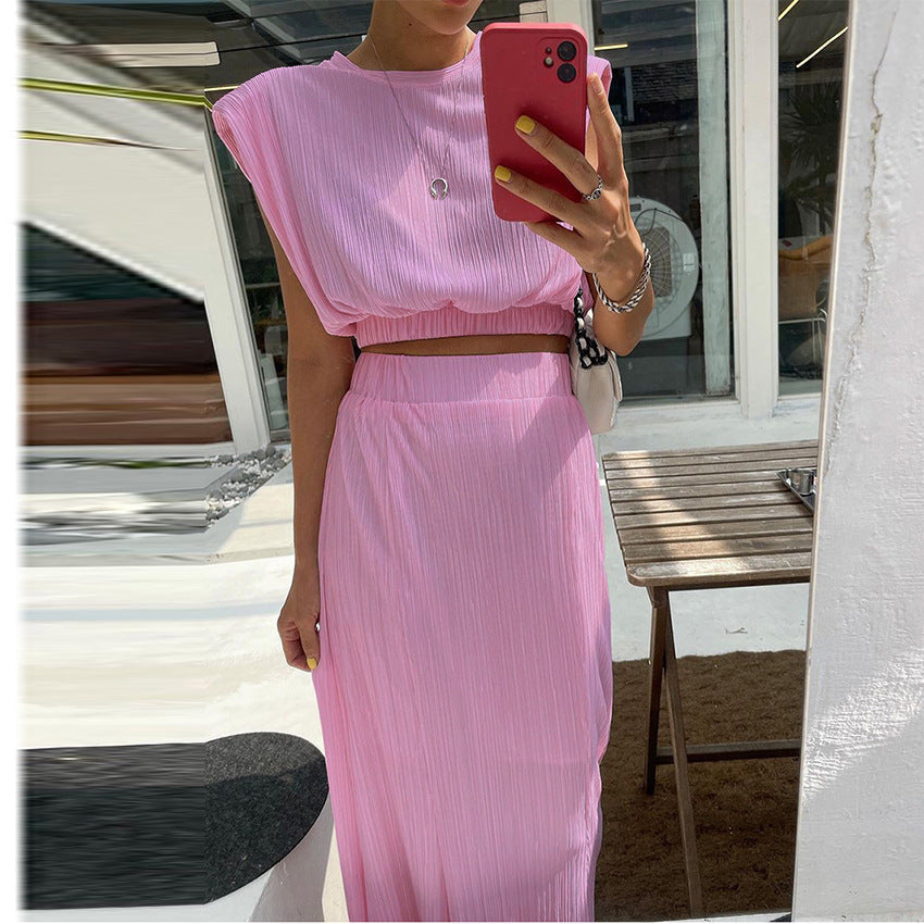 Fashion Sleeveless Tops and Long Skirts for Women-Suits-Pink-S-Free Shipping at meselling99