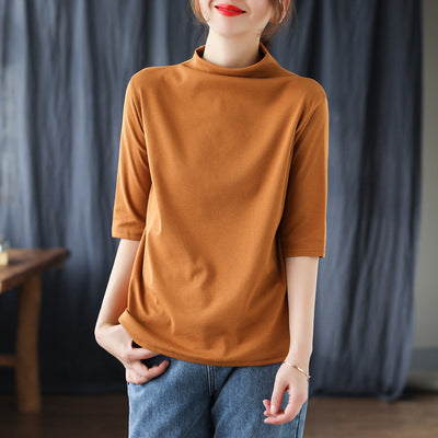 Vintage Half Sleeves Women High Neck T Shirts-Shirts & Tops-Brown-One Size-Free Shipping at meselling99