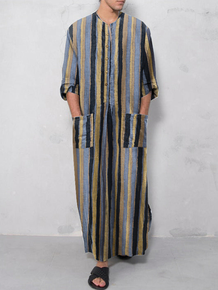 Casual Striped Men's Long Robes-Robes-Blue-S-Free Shipping at meselling99