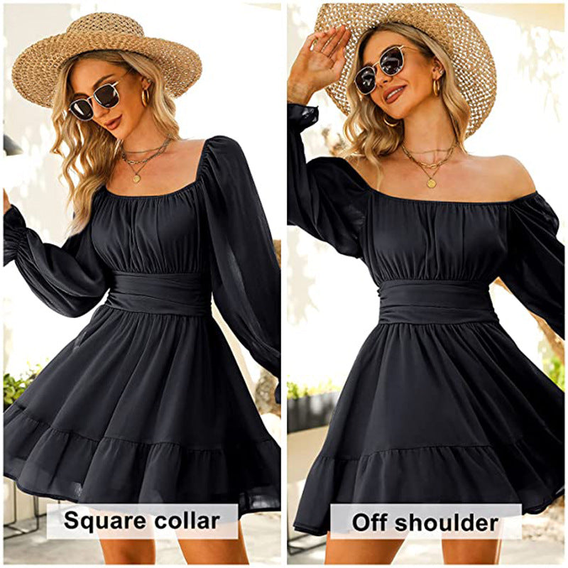 Chiffon Square Neckline Summer Daily Dresses-Dresses-黑色-S-Free Shipping at meselling99