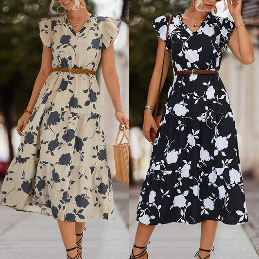 Casual V Neck Floral Print Women Dresses-Dresses-Free Shipping at meselling99
