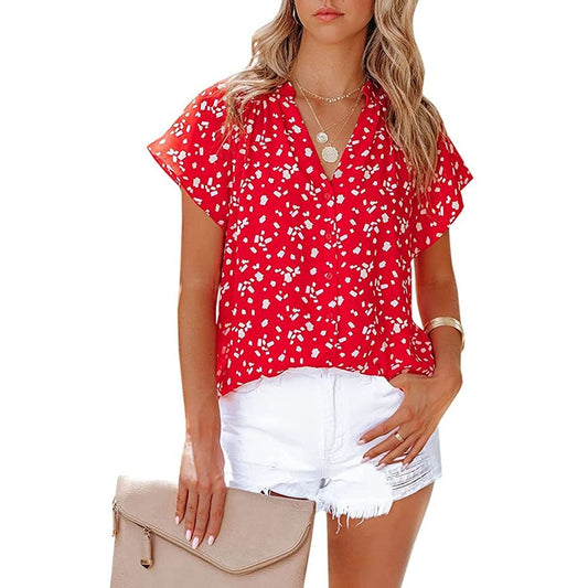 Casual Chiffon Short Sleeves Women Shirts-Shirts & Tops-Red-S-Free Shipping at meselling99