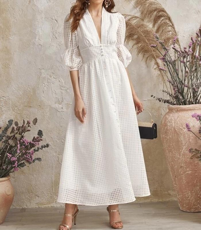 White Classy High Waist Plaid Long Dresses-Maxi Dresses-White-S-Free Shipping at meselling99