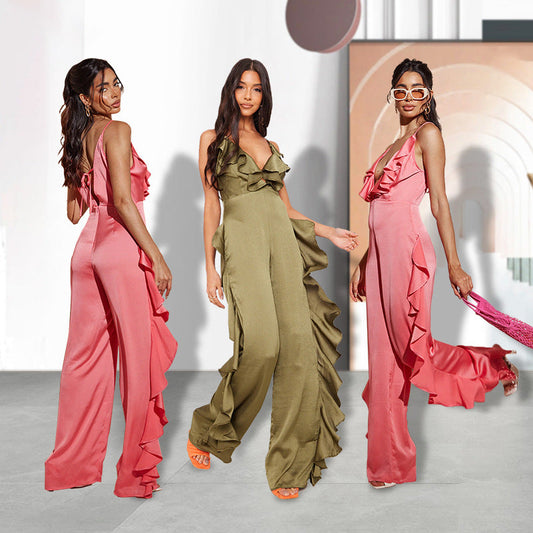 Sexy Satin Ruffled Summer Jumpsuits-Jumpsuits & Rompers-Free Shipping at meselling99