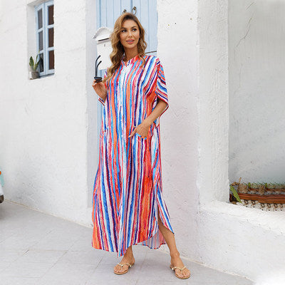 Women Summer Beach Long Dresses-Boho Dresses-Pink Striped-One Size-Free Shipping at meselling99