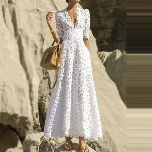 Elegant Fashon Hollow Out Long Dresses-Maxi Dresses-White-S-Free Shipping at meselling99