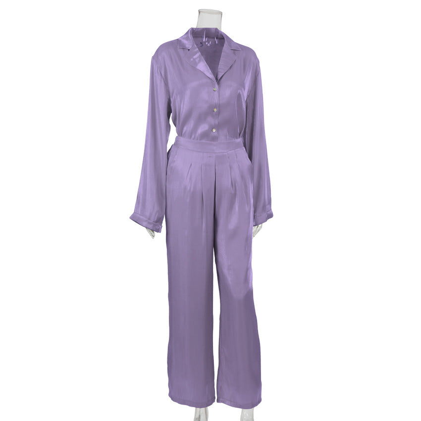 Classy Casual Women Long Sleeves Shirts and Wide Leg Pants-Suits-Purple-S-Free Shipping at meselling99