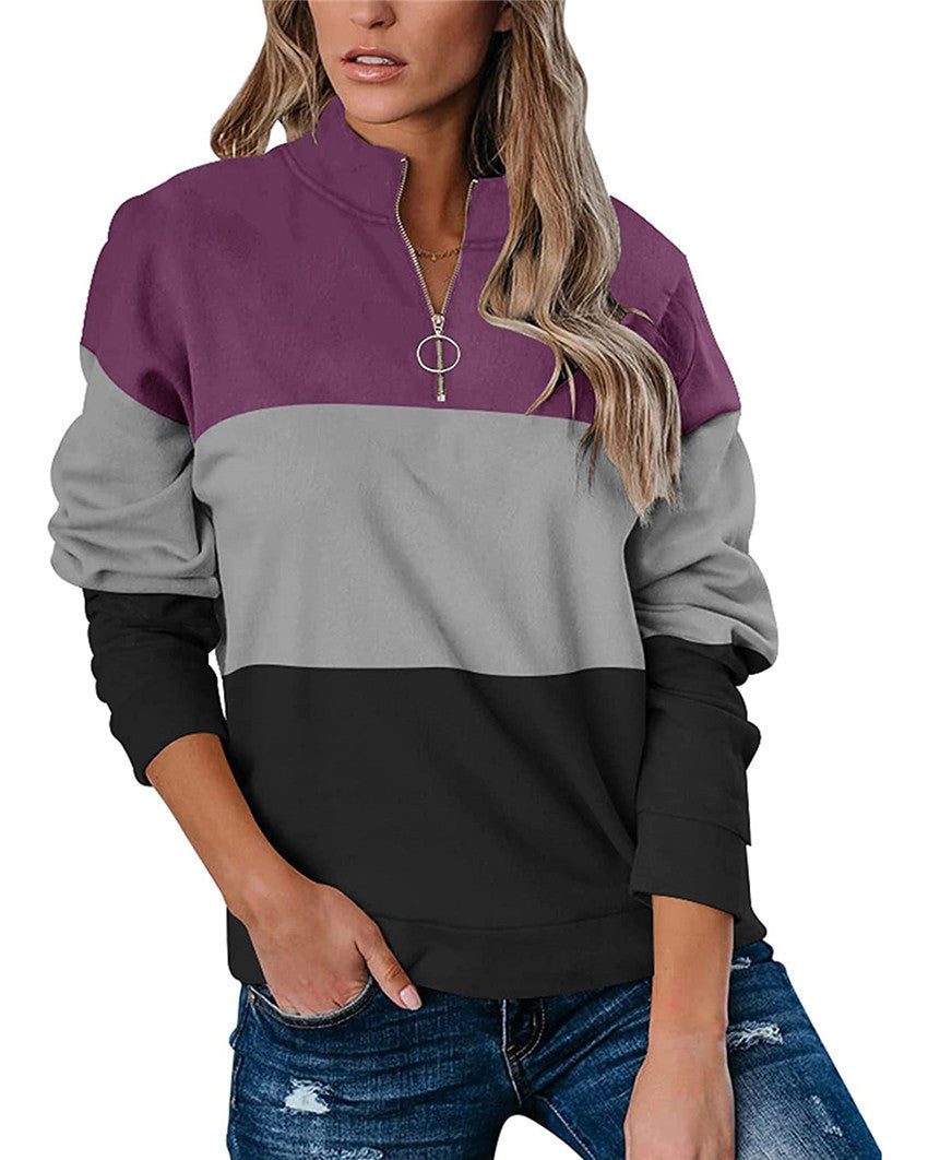 Women Casual Contrast 3 Colors Zipper Neck Fall Hoodies-Shirts & Tops-Purple-S-Free Shipping at meselling99