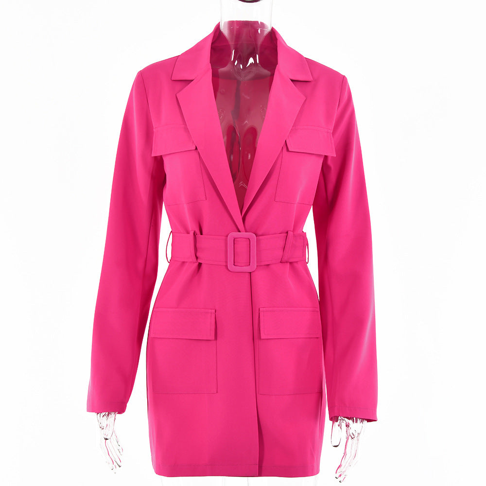 Women Fall Long Blazers with Belt-Shirts & Tops-Rose Red-S-Free Shipping at meselling99