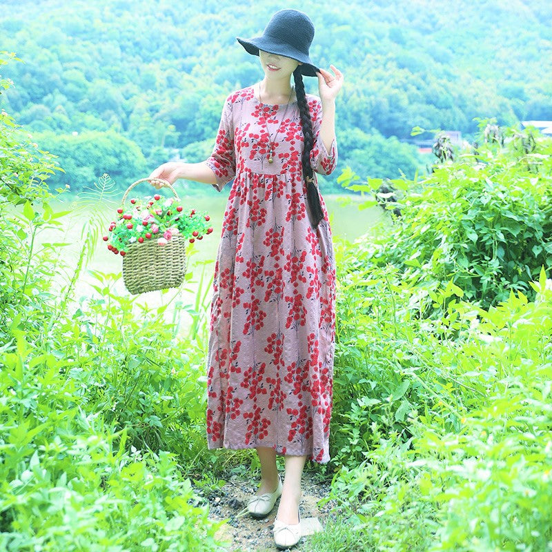 Ethinc Line Summer Half Sleeves Women Long Dresses-Dresses-Red Flower（756）-M-Free Shipping at meselling99