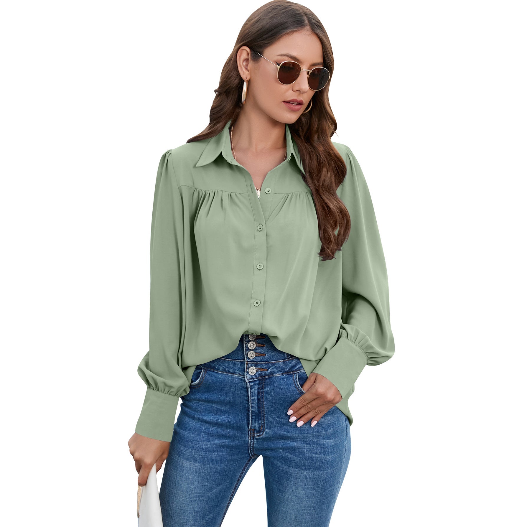 Casual Chiffon Long Sleeves Blouses for Women-Shirts & Tops-Bean Green-S-Free Shipping at meselling99