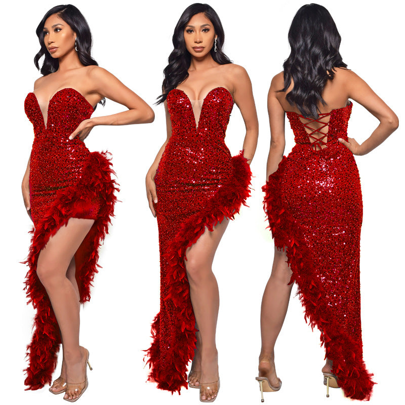 Gorgeous Strapless Sequined Feather Decoration Party Dresses-Dresses-Free Shipping at meselling99