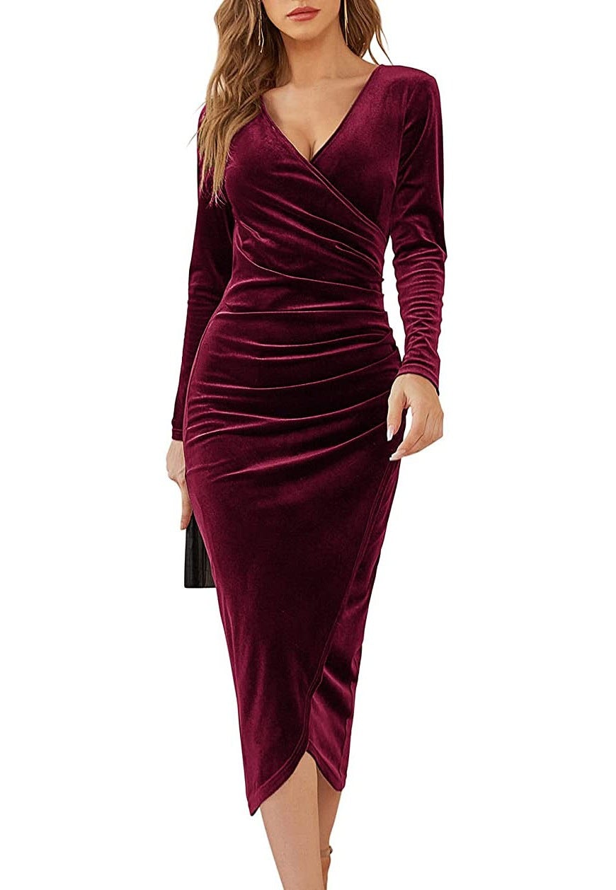 Vintage V Neck Irregular Long Sleeves Party Dresses-Dresses-Wine Red-S-Free Shipping at meselling99