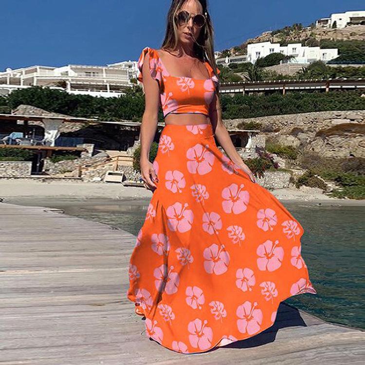 Meselling99 Women Straps Floral Print Tops and Skirt 2pc Sets-Maxi Dresses-Orange-S-Free Shipping at meselling99