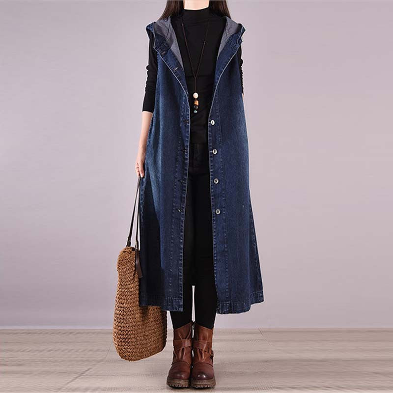 Casual Sleeveless Denim Long Vest-Vests-Free Shipping at meselling99