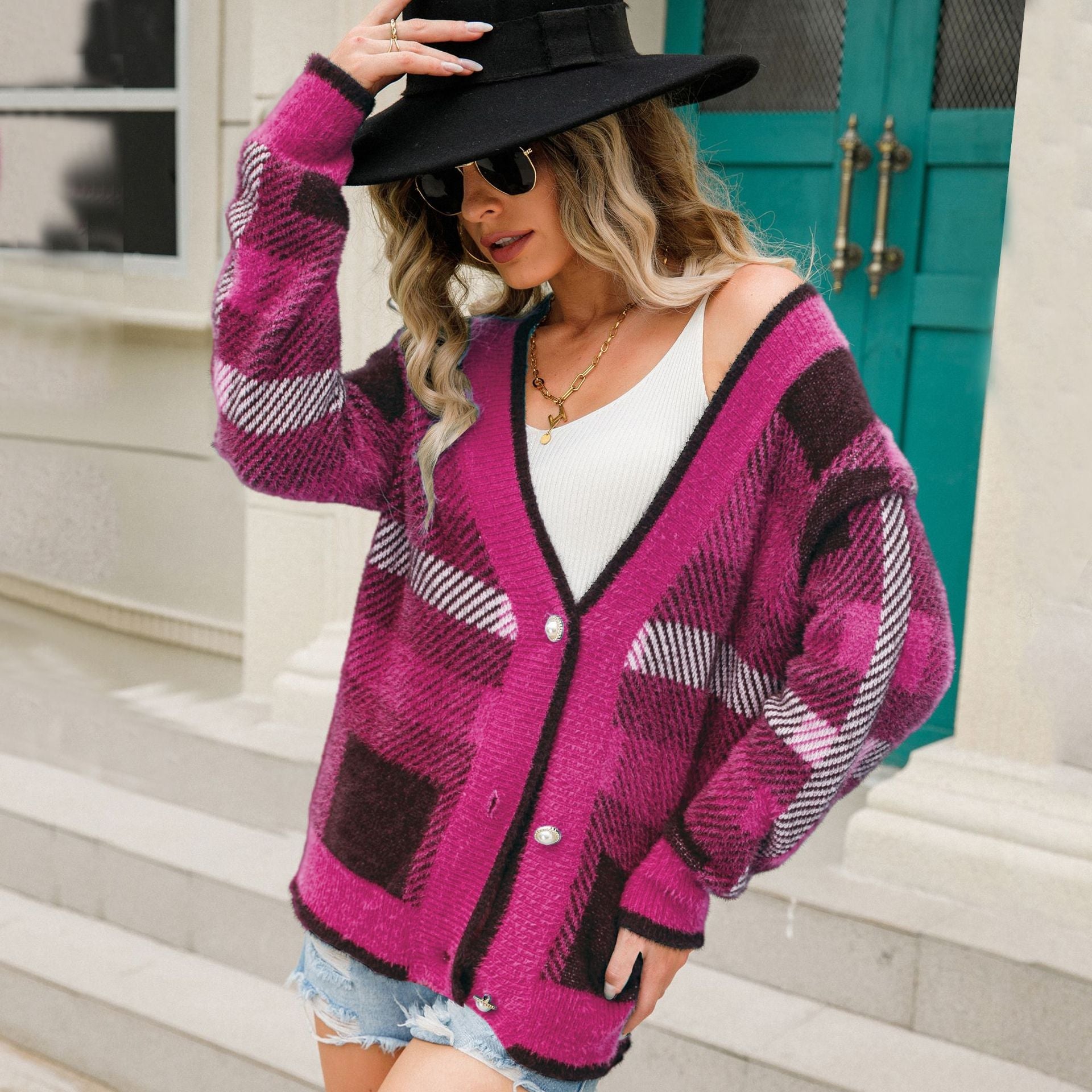 Winter Women Knitted Long Sleeves Cardigans-Shirts & Tops-Rose Red-S-Free Shipping at meselling99