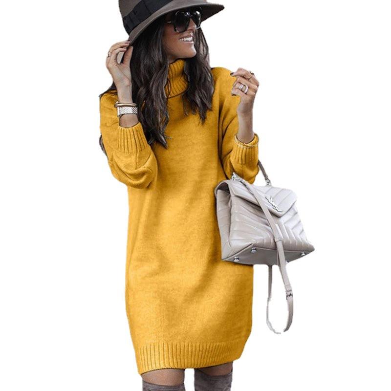 Fashion Turtleneck Knitting Long Sweaters-Mini Dresses-Yellow-S-Free Shipping at meselling99