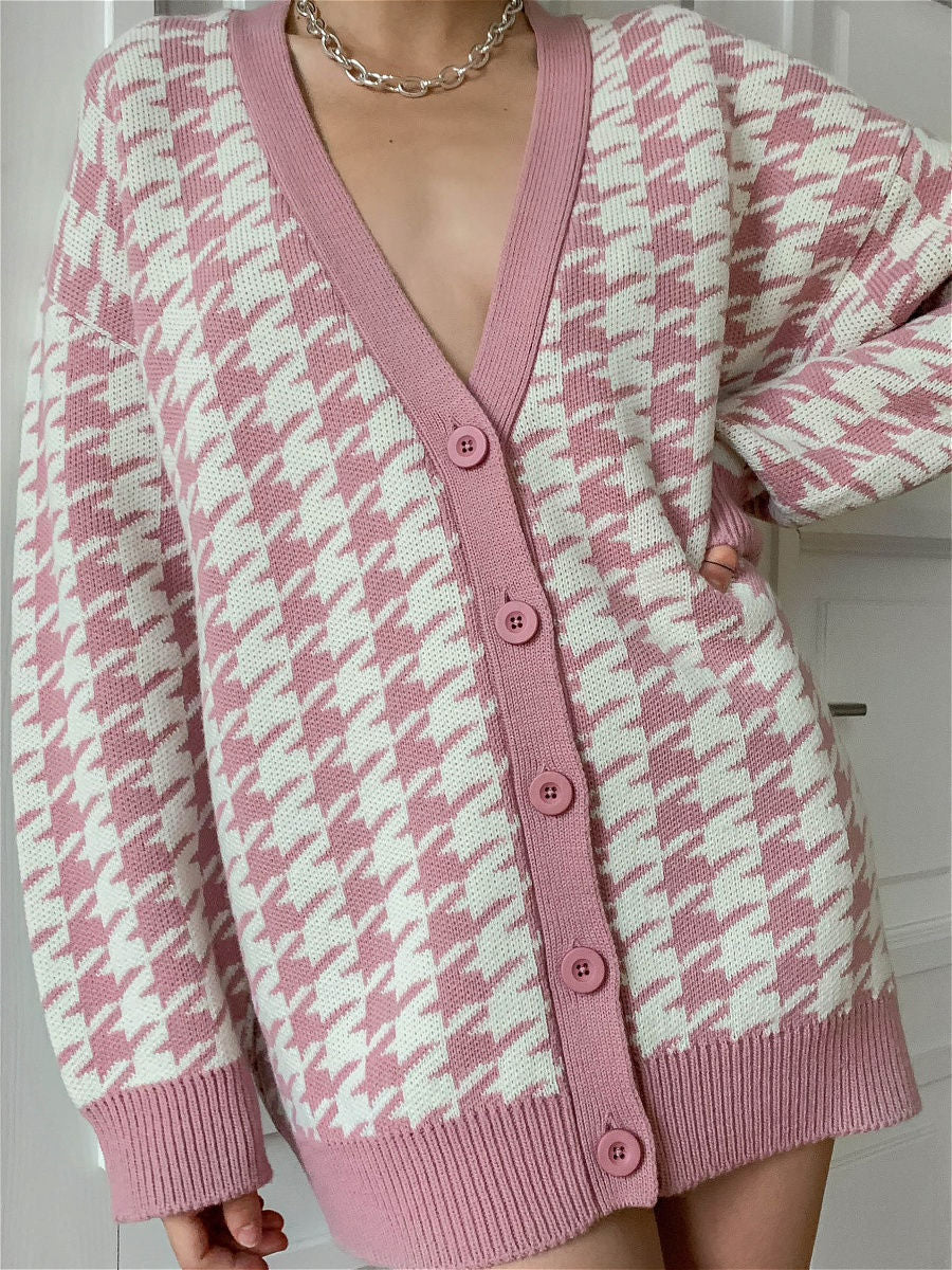 Women V Neck Knitted Plaid Long Sleeves Cardigan Overcoat-Women Sweaters-Pink-S-Free Shipping at meselling99